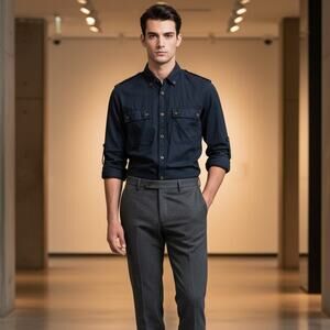 LANVIN Men's Button down Shirt Ultility 2 Pocket in Navy Blue $585 Sz 14 1/2